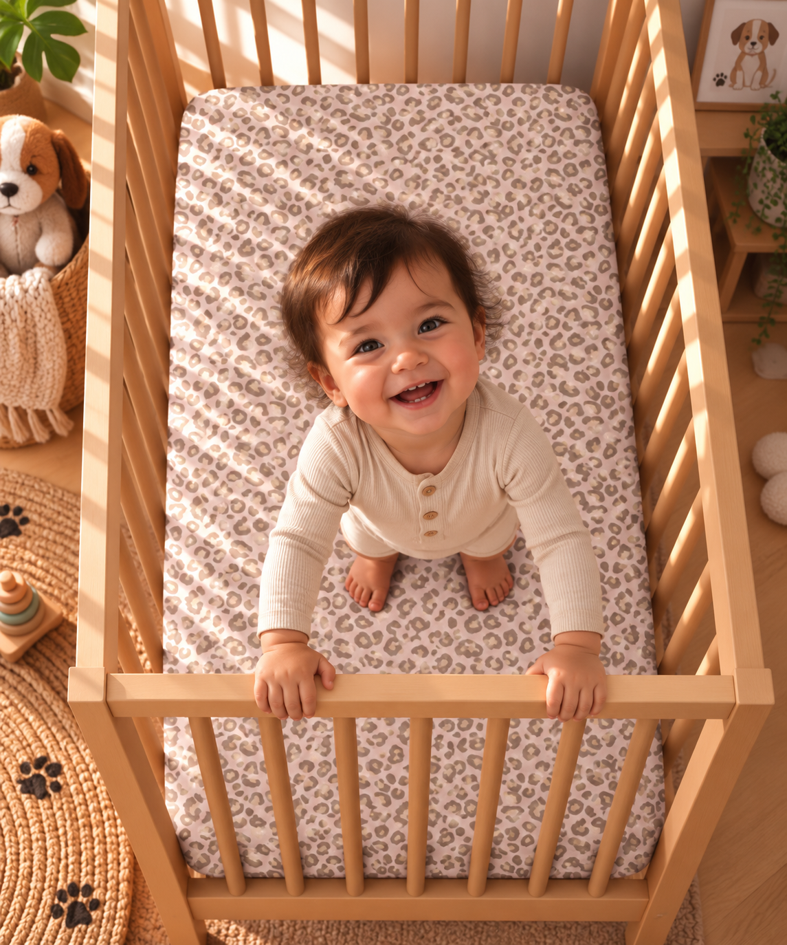 Toddler standing in a crib fitted with the Pink Leopard Print Crib Sheet