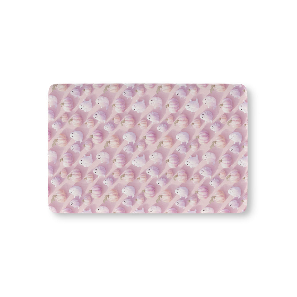 Pink Pumpkin Ghost Crib Sheet laid flat in Mini size with pastel pumpkins and little ghosts on pink
