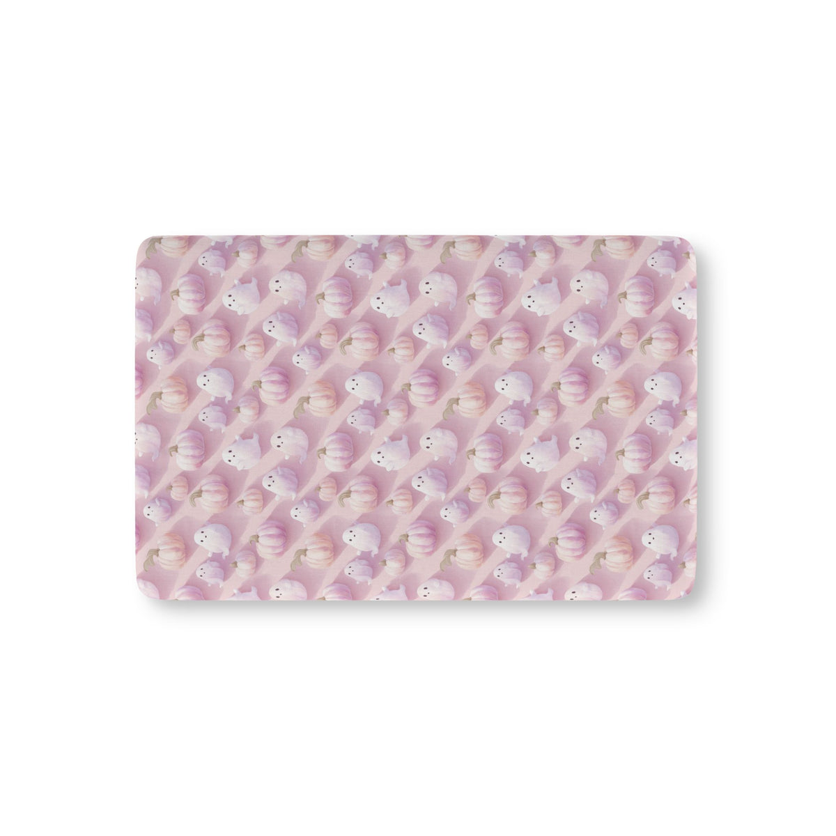 Pink Pumpkin Ghost Crib Sheet laid flat in Mini size with pastel pumpkins and little ghosts on pink