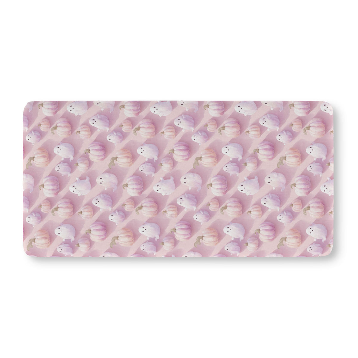 Pink Pumpkin Ghost Crib Sheet laid flat in Standard size with pastel pumpkins and little ghosts on pink