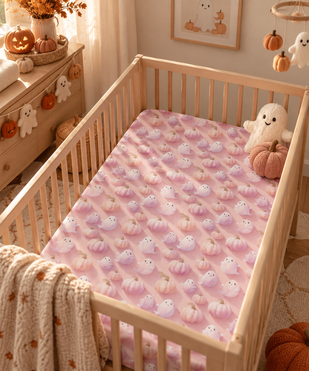 Pink Pumpkin Ghost Crib Sheet on a wooden crib mattress in a Halloween nursery