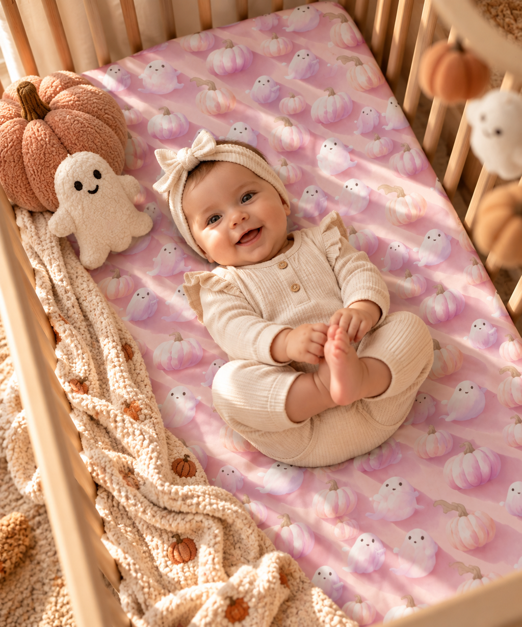 Smiling baby lying on the Pink Pumpkin Ghost Crib Sheet