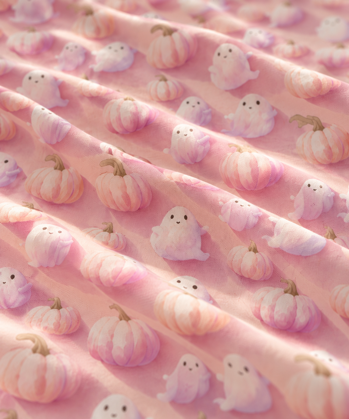 Close-up of the Pink Pumpkin Ghost Crib Sheet fabric showing pastel pumpkins and little ghosts on pink