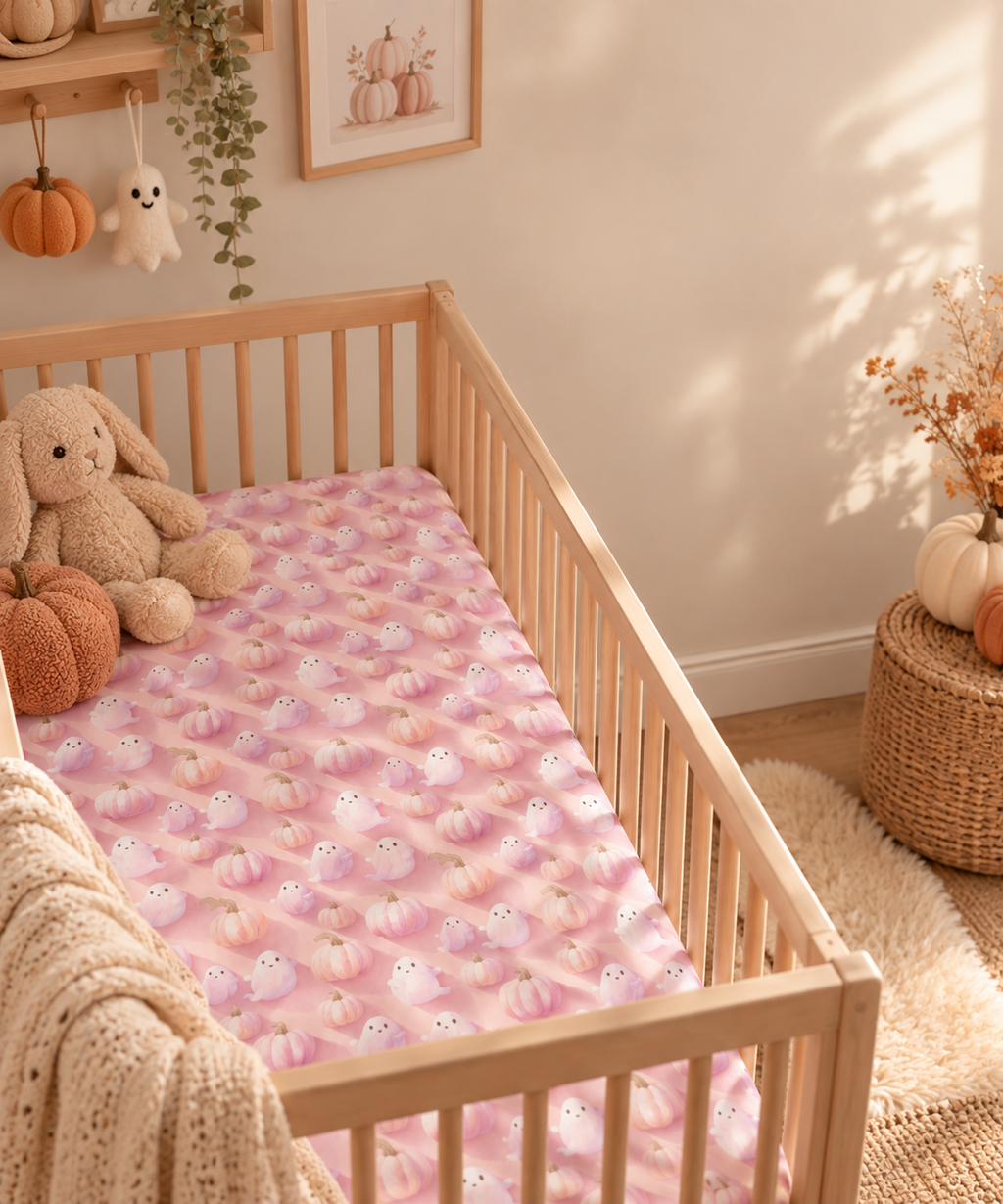 Pink Pumpkin Ghost Crib Sheet in a wooden crib in a sunlit nursery