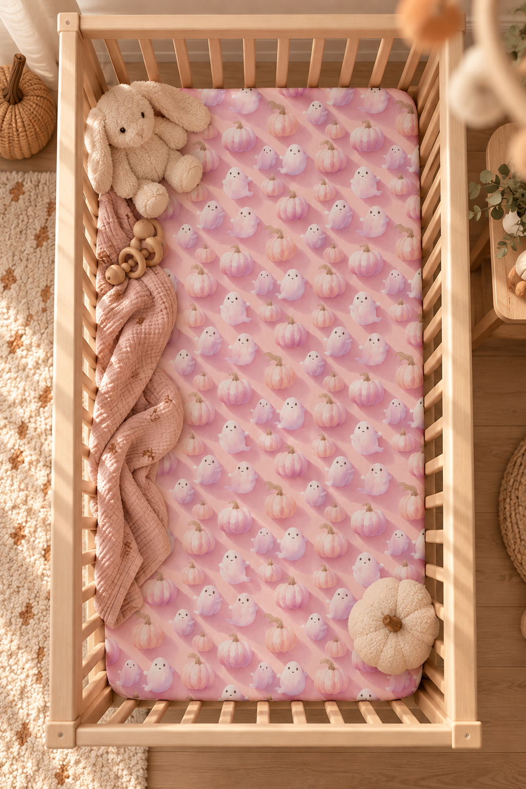 Pink Pumpkin Ghost Crib Sheet seen from above in a wooden crib