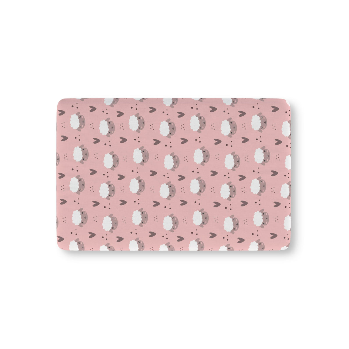 Pink Sheep Crib Sheet laid flat in Mini size with white sheep faces and little hearts on dusty pink