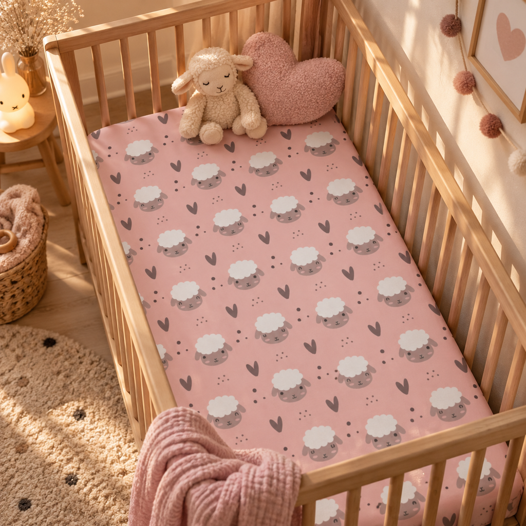 Pink Sheep Crib Sheet on a wooden crib mattress in a baby girl nursery