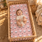 Smiling baby lying on the Pink Sheep Crib Sheet