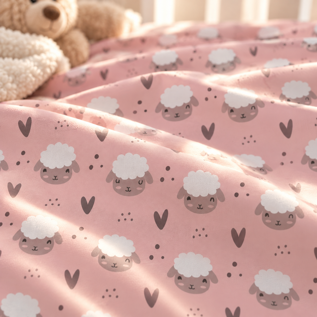 Close-up of the Pink Sheep Crib Sheet fabric showing white sheep faces and little hearts on dusty pink