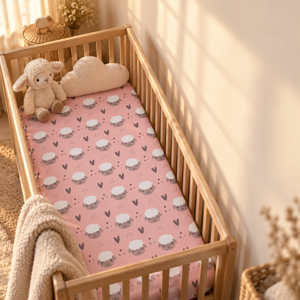 Pink Sheep Crib Sheet in a wooden crib in a sunlit nursery