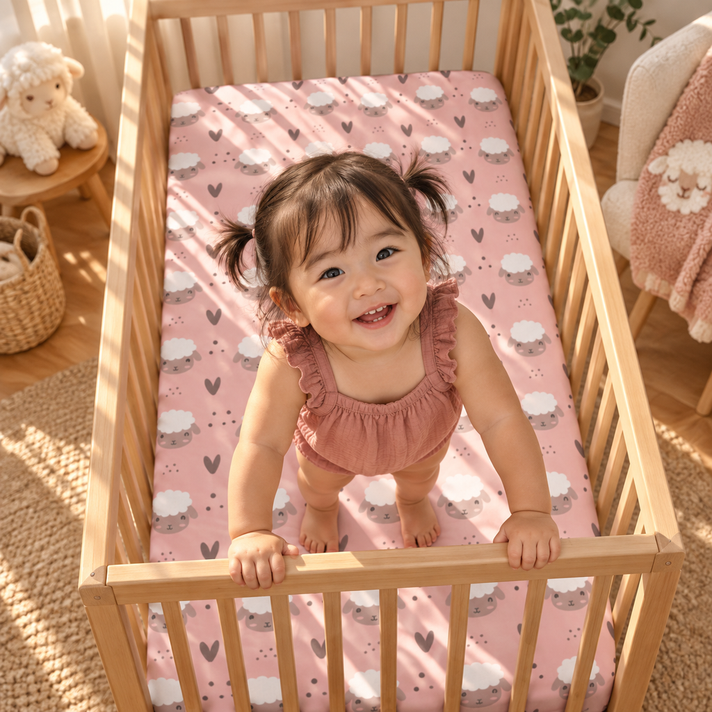 Toddler standing in a crib fitted with the Pink Sheep Crib Sheet