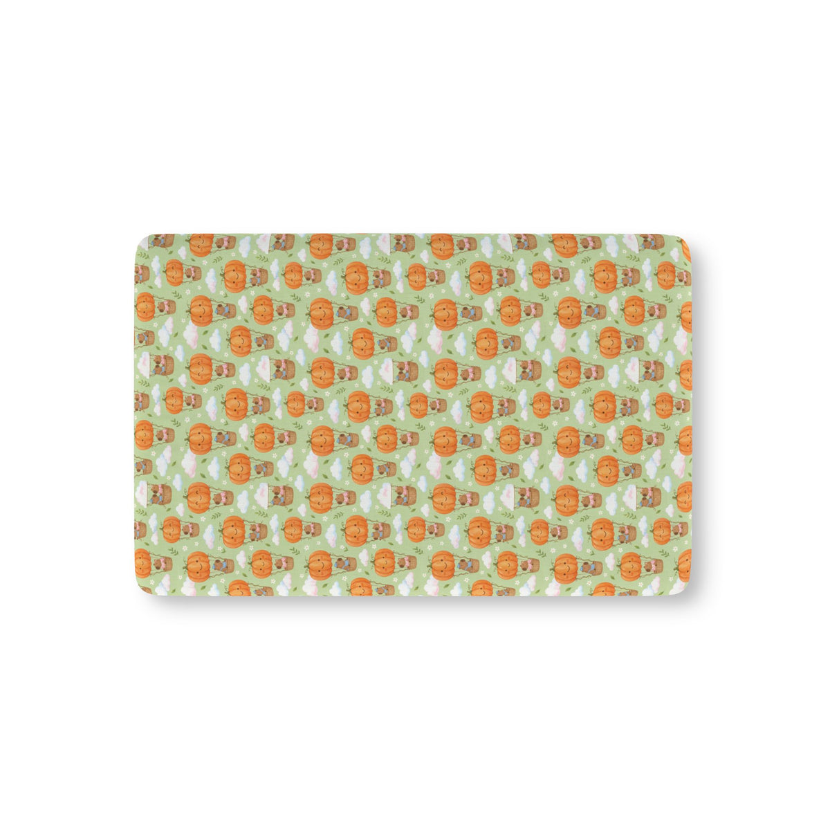 Pumpkin Bear Crib Sheet laid flat in Mini size with teddy bears in pumpkin hot air balloons on light green