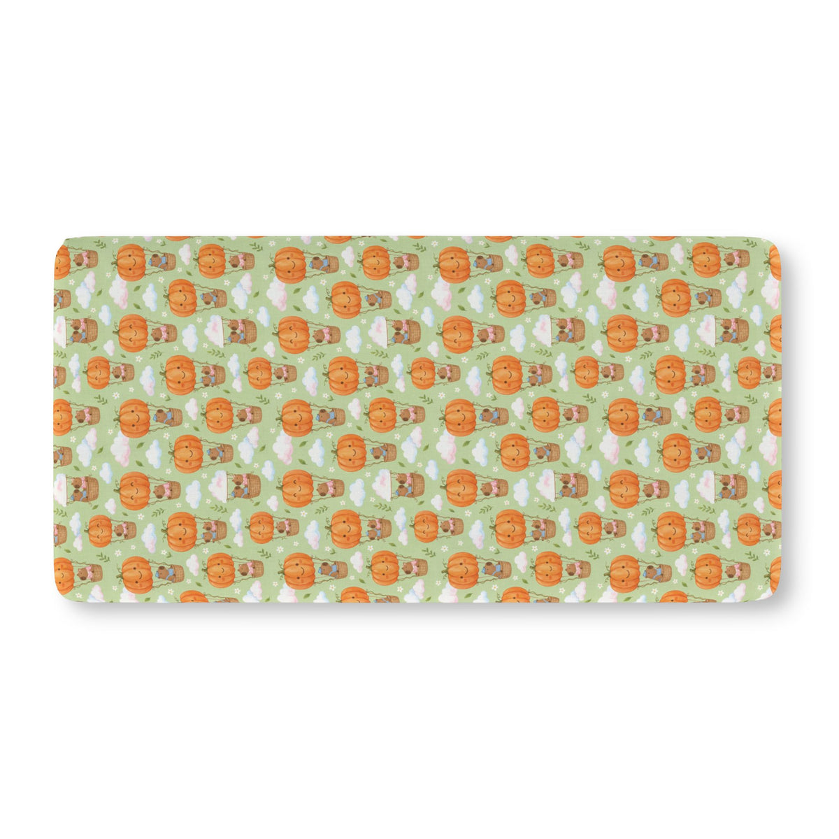 Pumpkin Bear Crib Sheet laid flat in Standard size with teddy bears in pumpkin hot air balloons on light green
