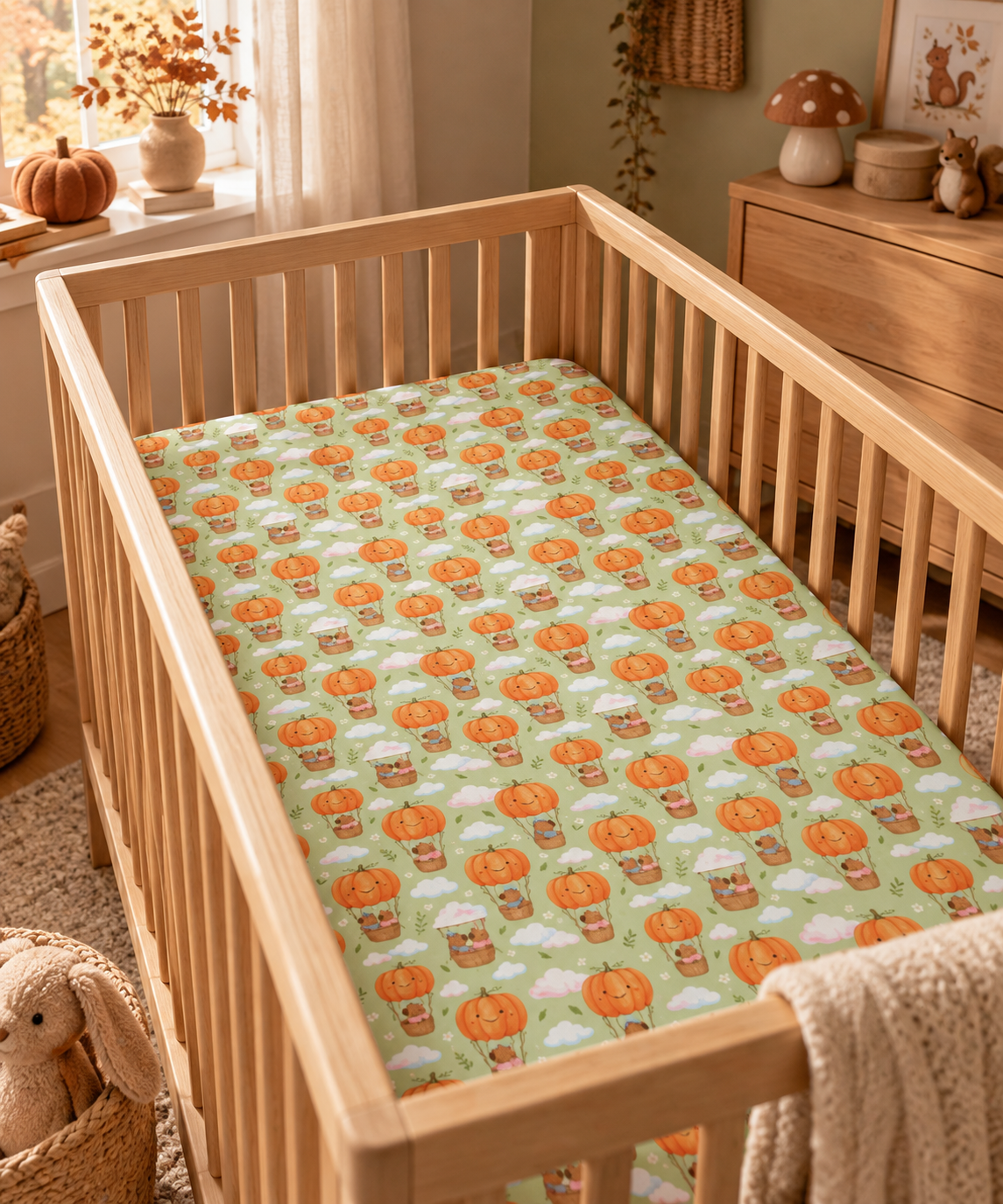 Pumpkin Bear Crib Sheet on a wooden crib mattress in a fall nursery