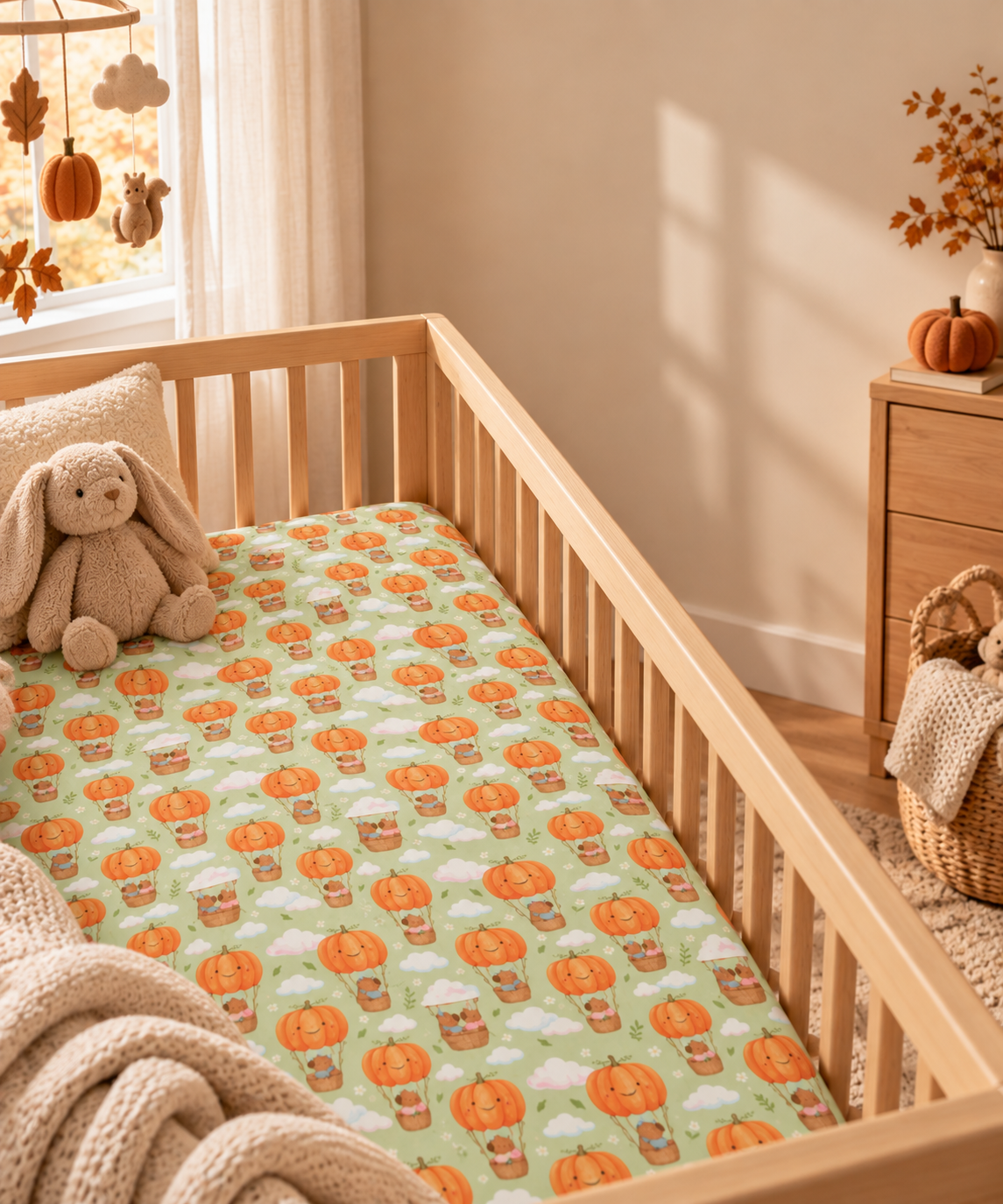 Pumpkin Bear Crib Sheet in a wooden crib in a sunlit nursery