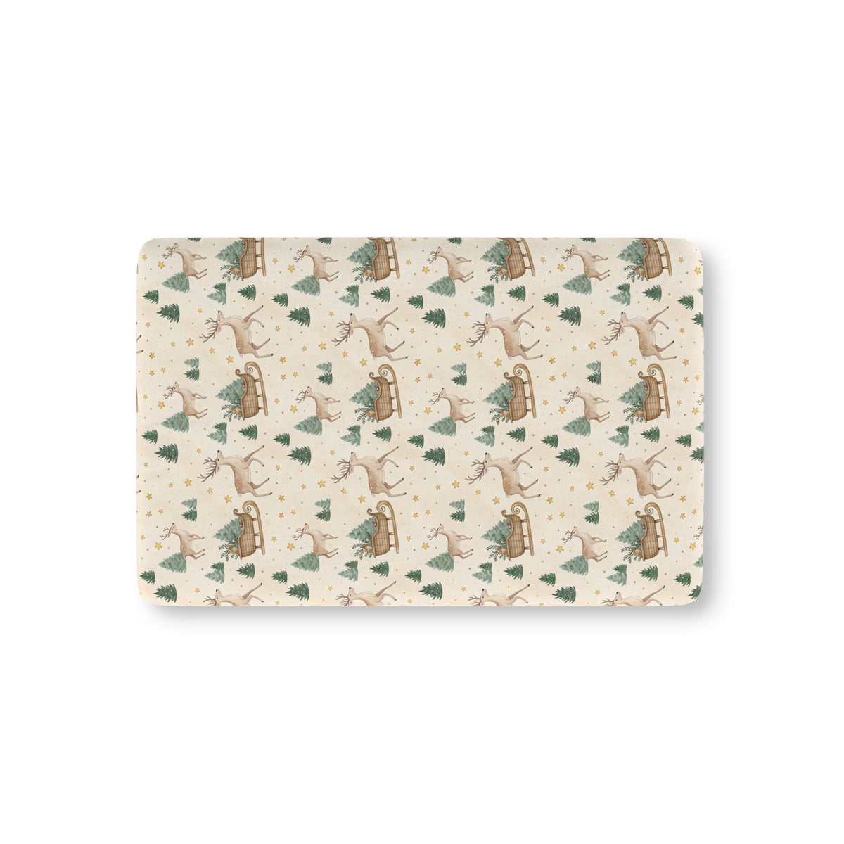 Reindeer Sleigh Crib Sheet laid flat in Mini size with reindeer, sleighs and pine trees on cream