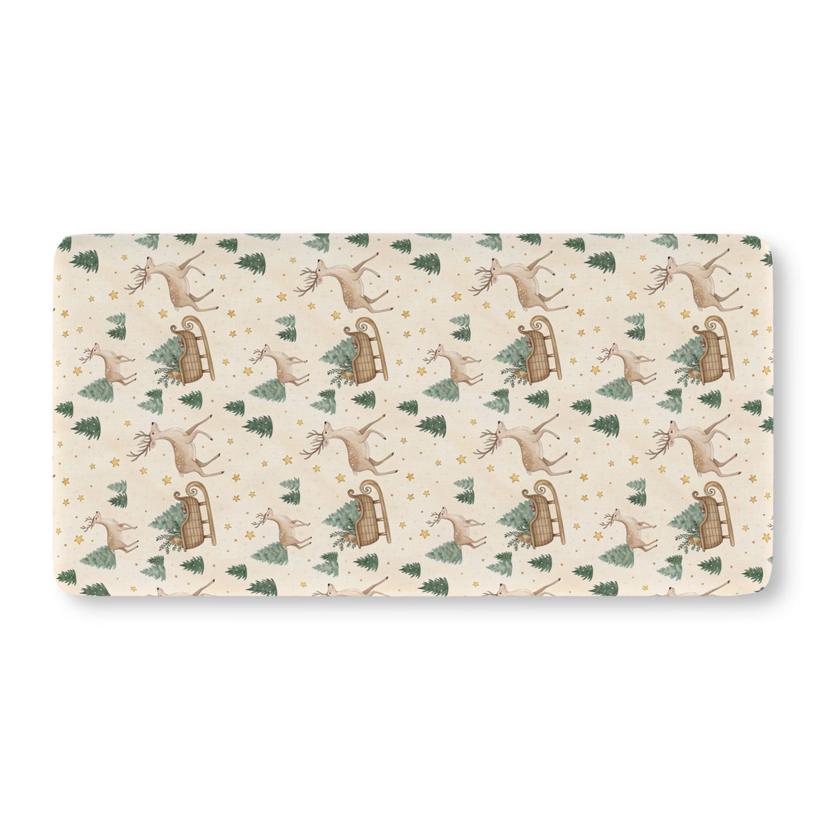 Reindeer Sleigh Crib Sheet laid flat in Standard size with reindeer, sleighs and pine trees on cream
