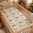 Reindeer Sleigh Crib Sheet on a wooden crib mattress in a Christmas nursery