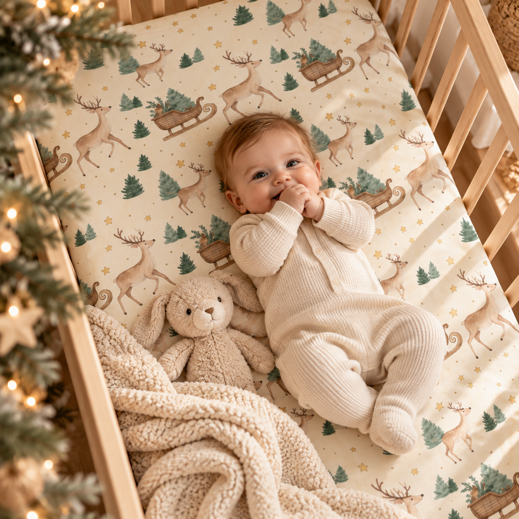 Baby lying on the Reindeer Sleigh Crib Sheet