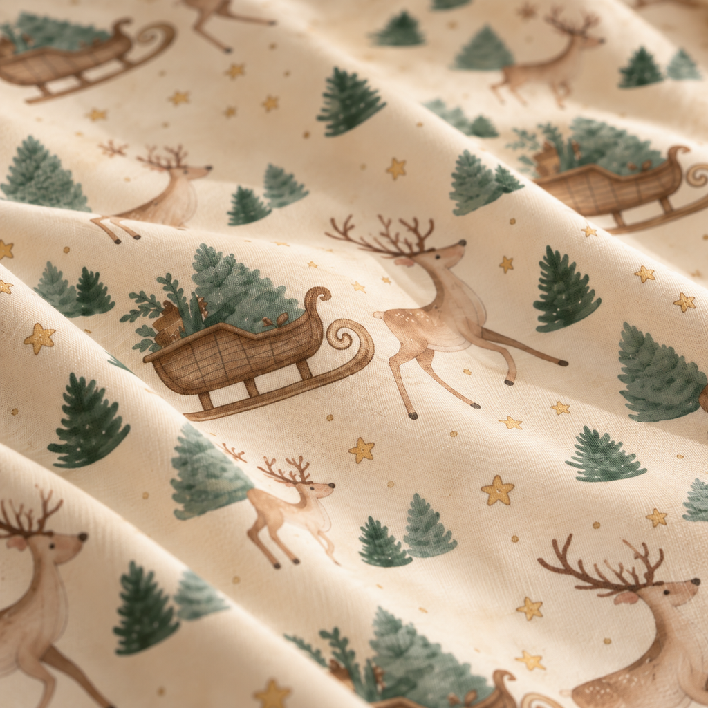 Close-up of the Reindeer Sleigh Crib Sheet fabric showing reindeer, sleighs and pine trees on cream