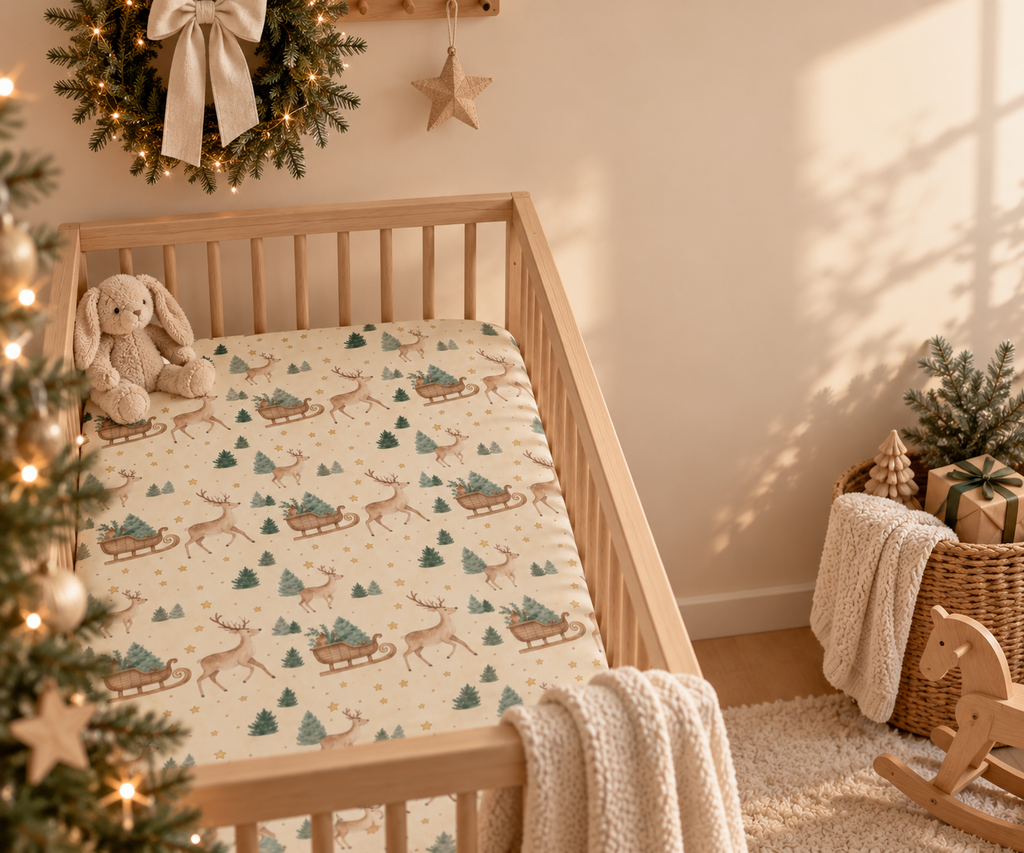 Reindeer Sleigh Crib Sheet in a wooden crib in a sunlit nursery