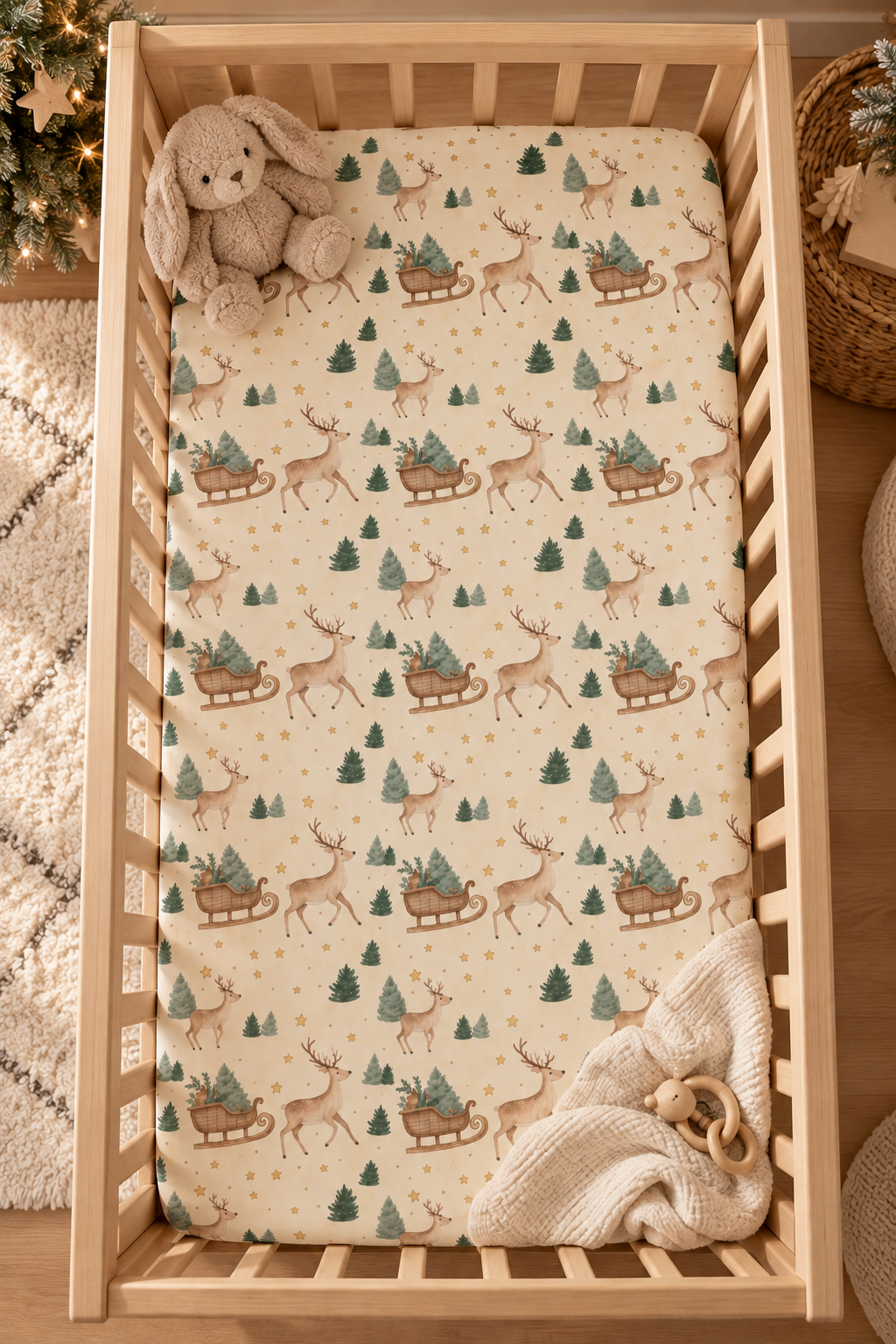 Reindeer Sleigh Crib Sheet seen from above in a wooden crib