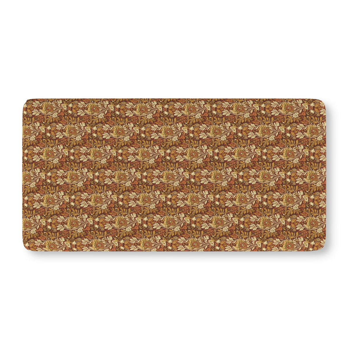 Rust Boho Floral Crib Sheet laid flat in Standard size with boho flowers in mustard and cream on rust