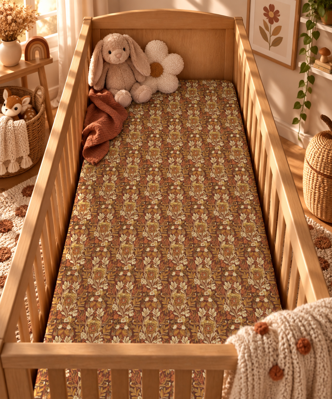 Rust Boho Floral Crib Sheet on a wooden crib mattress in a boho nursery