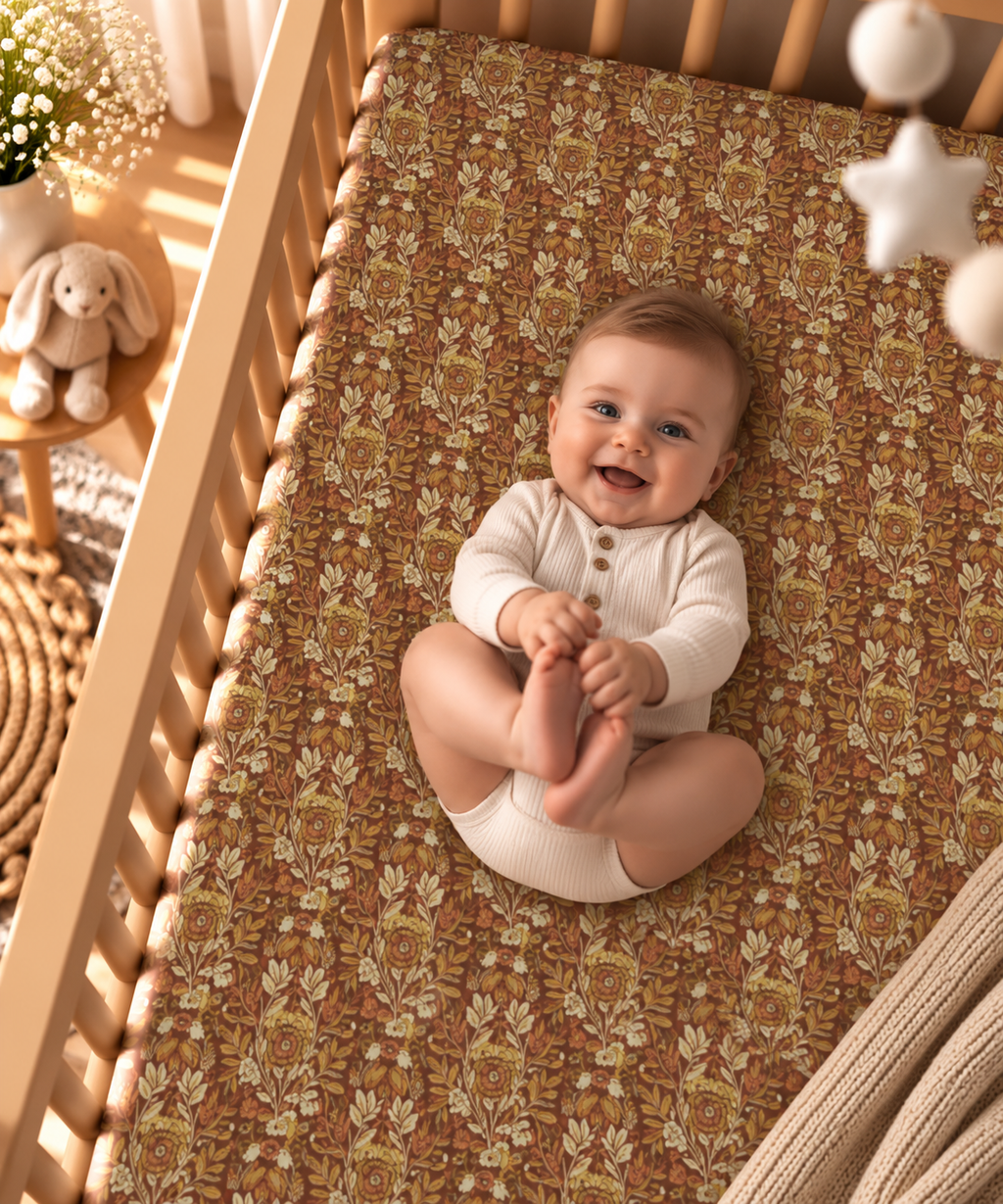 Smiling baby lying on the Rust Boho Floral Crib Sheet