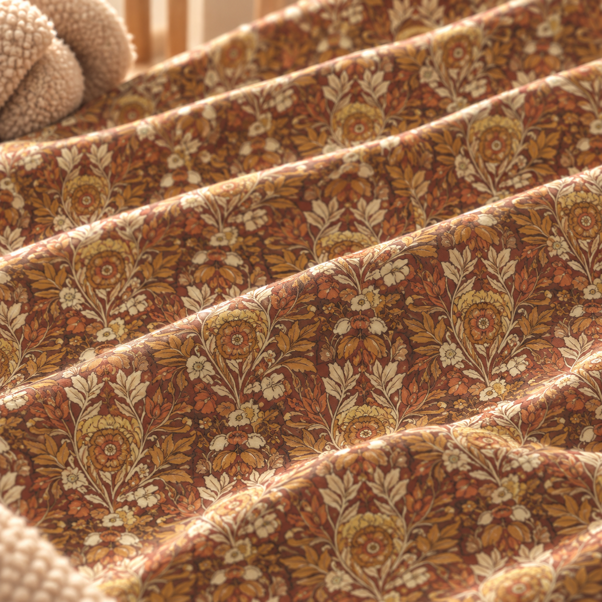 Close-up of the Rust Boho Floral Crib Sheet fabric showing boho flowers in mustard and cream on rust