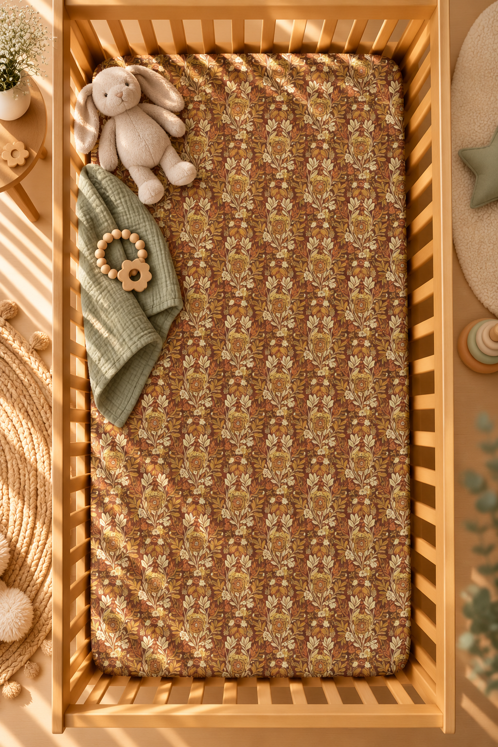 Rust Boho Floral Crib Sheet seen from above in a wooden crib