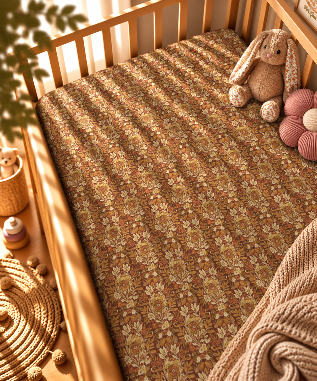 Rust Boho Floral Crib Sheet fitted in a wooden crib with a plush toy