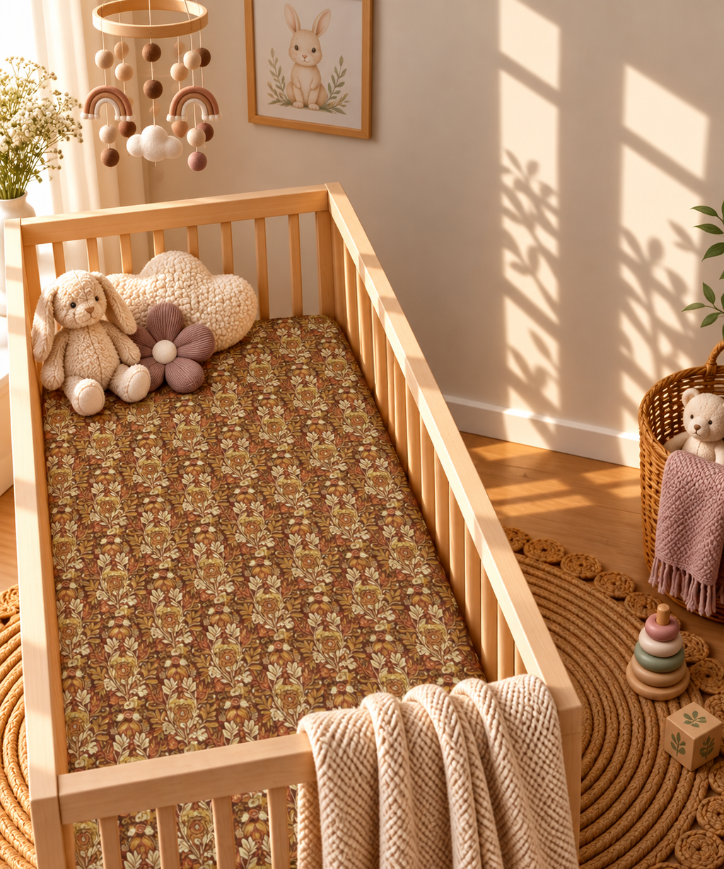 Rust Boho Floral Crib Sheet in a wooden crib in a sunlit nursery