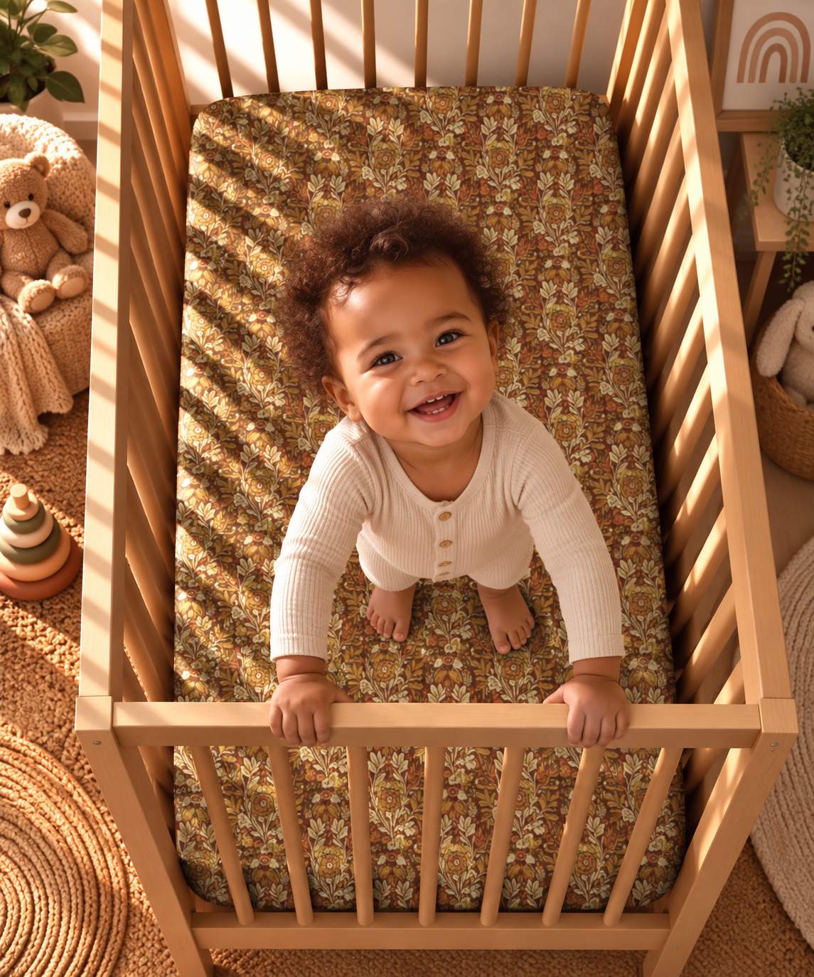 Toddler standing in a crib fitted with the Rust Boho Floral Crib Sheet