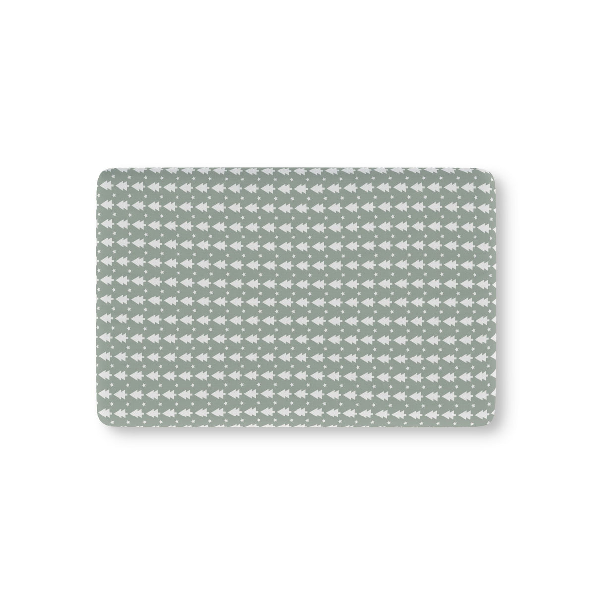 Sage Christmas Tree Crib Sheet laid flat in Mini size with white Christmas trees and stars on sage green