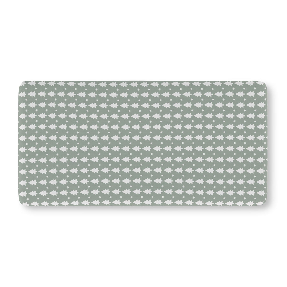 Sage Christmas Tree Crib Sheet laid flat in Standard size with white Christmas trees and stars on sage green