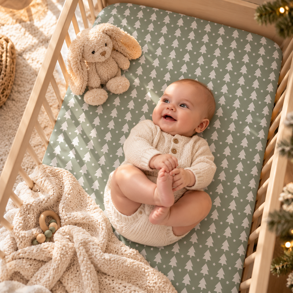 Smiling baby lying on the Sage Christmas Tree Crib Sheet