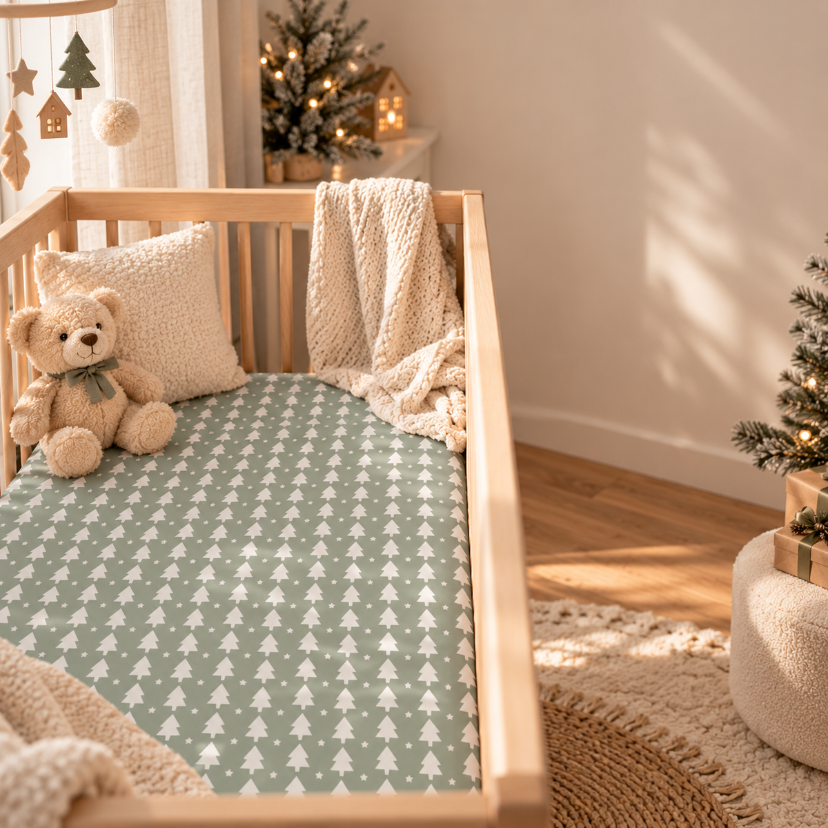 Sage Christmas Tree Crib Sheet in a wooden crib in a sunlit nursery
