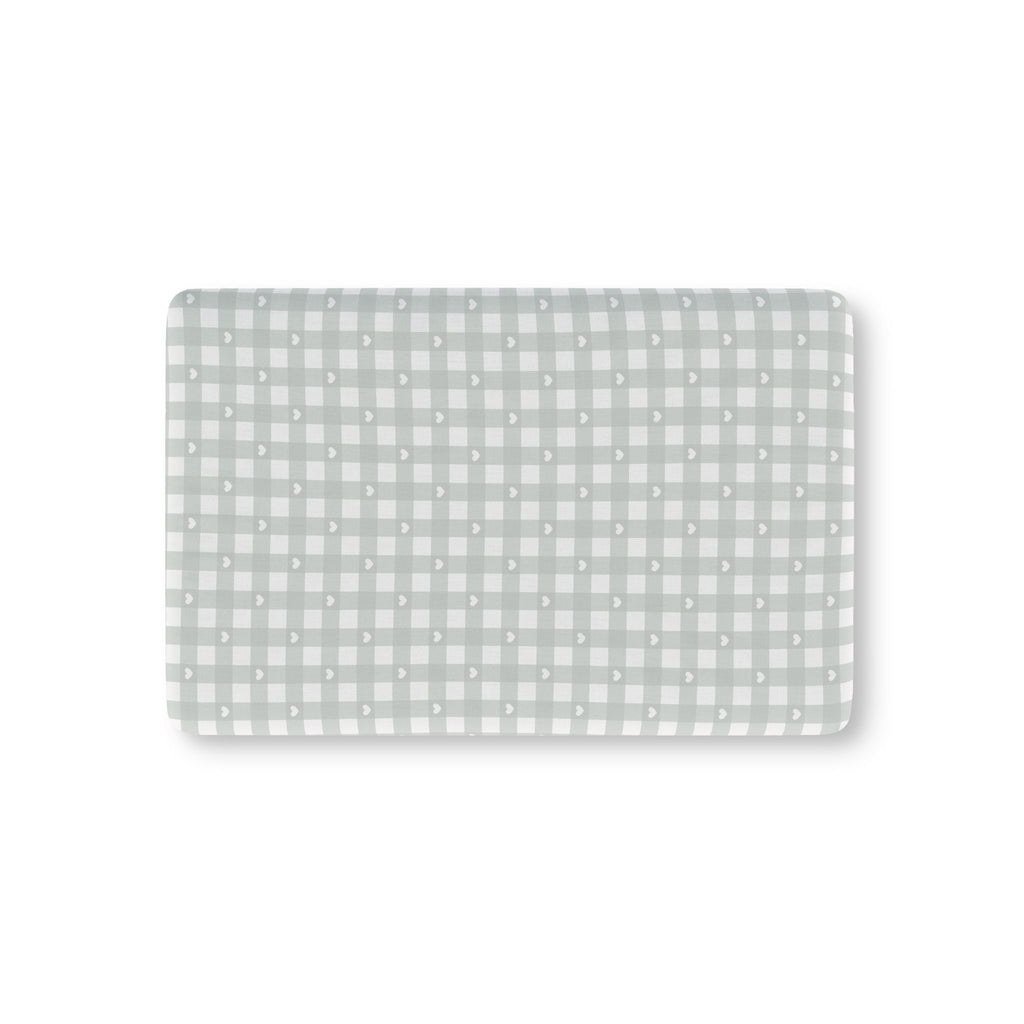 Sage Gingham Heart Crib Sheet laid flat in Mini size with sage green gingham and tiny hearts