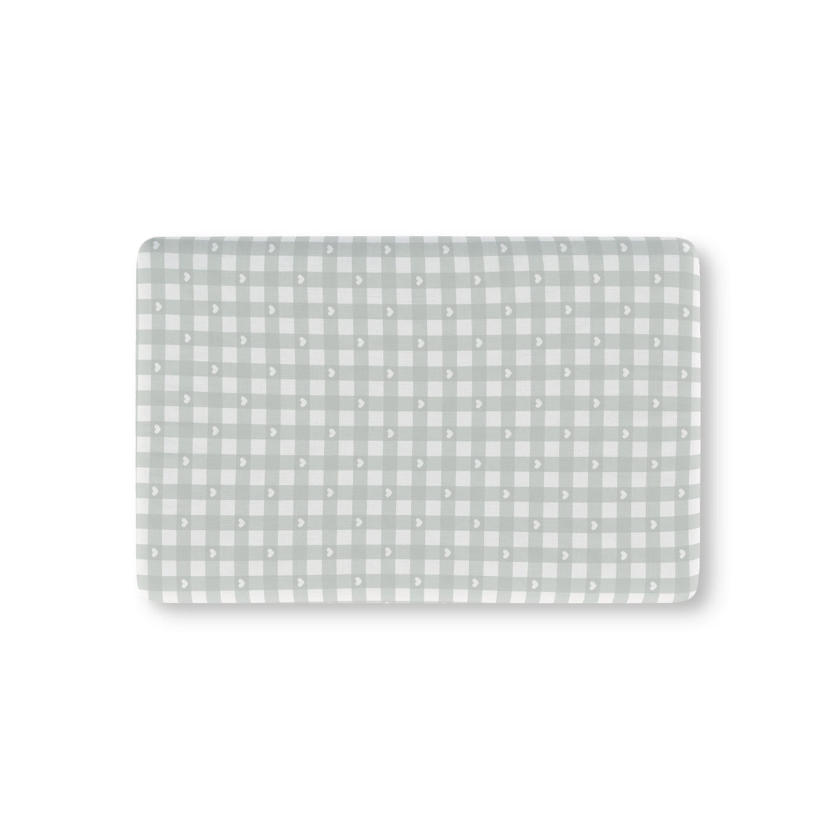 Sage Gingham Heart Crib Sheet laid flat in Mini size with sage green gingham and tiny hearts