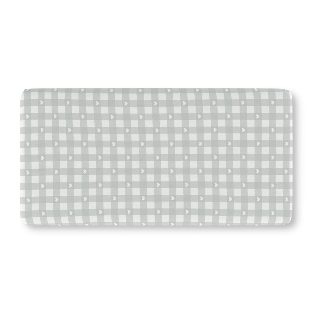 Sage Gingham Heart Crib Sheet laid flat in Standard size with sage green gingham and tiny hearts
