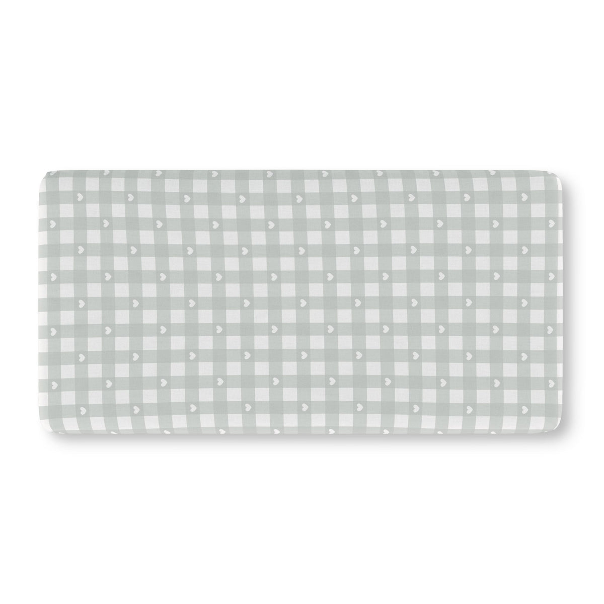 Sage Gingham Heart Crib Sheet laid flat in Standard size with sage green gingham and tiny hearts