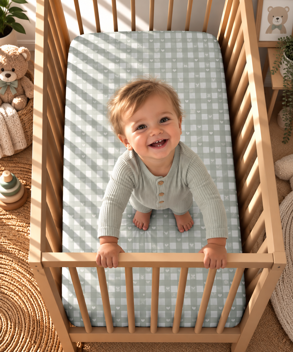 Toddler standing in a crib fitted with the Sage Gingham Heart Crib Sheet
