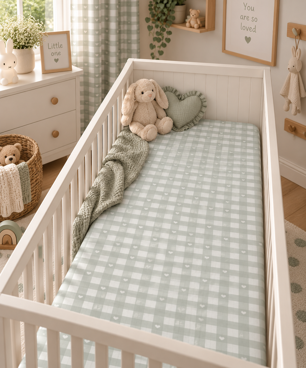 Sage Gingham Heart Crib Sheet on a white crib mattress in a neutral nursery