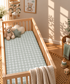 Sage Gingham Heart Crib Sheet in a wooden crib in a sunlit nursery