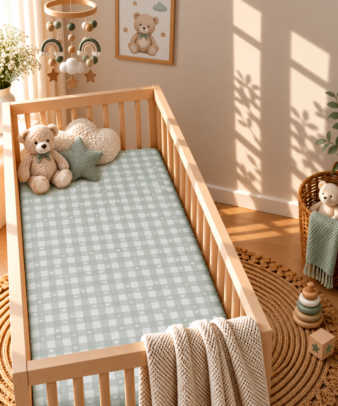 Sage Gingham Heart Crib Sheet in a wooden crib in a sunlit nursery