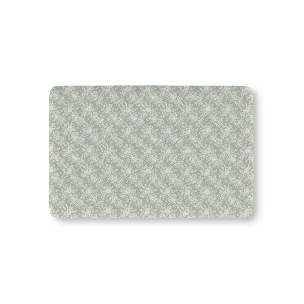 Sage Lace Floral Crib Sheet laid flat in Mini size with white lace style roses on sage green