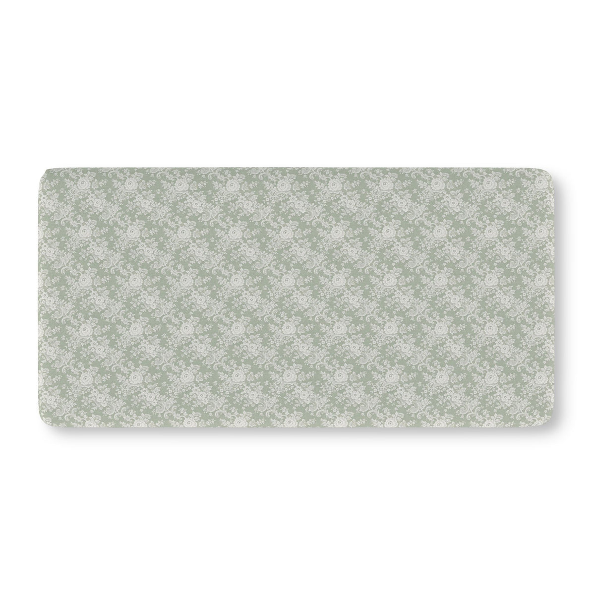 Sage Lace Floral Crib Sheet laid flat in Standard size with white lace style roses on sage green