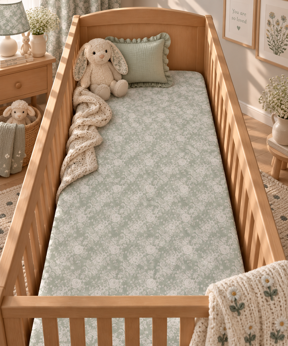 Sage Lace Floral Crib Sheet on a wooden crib mattress in a neutral nursery