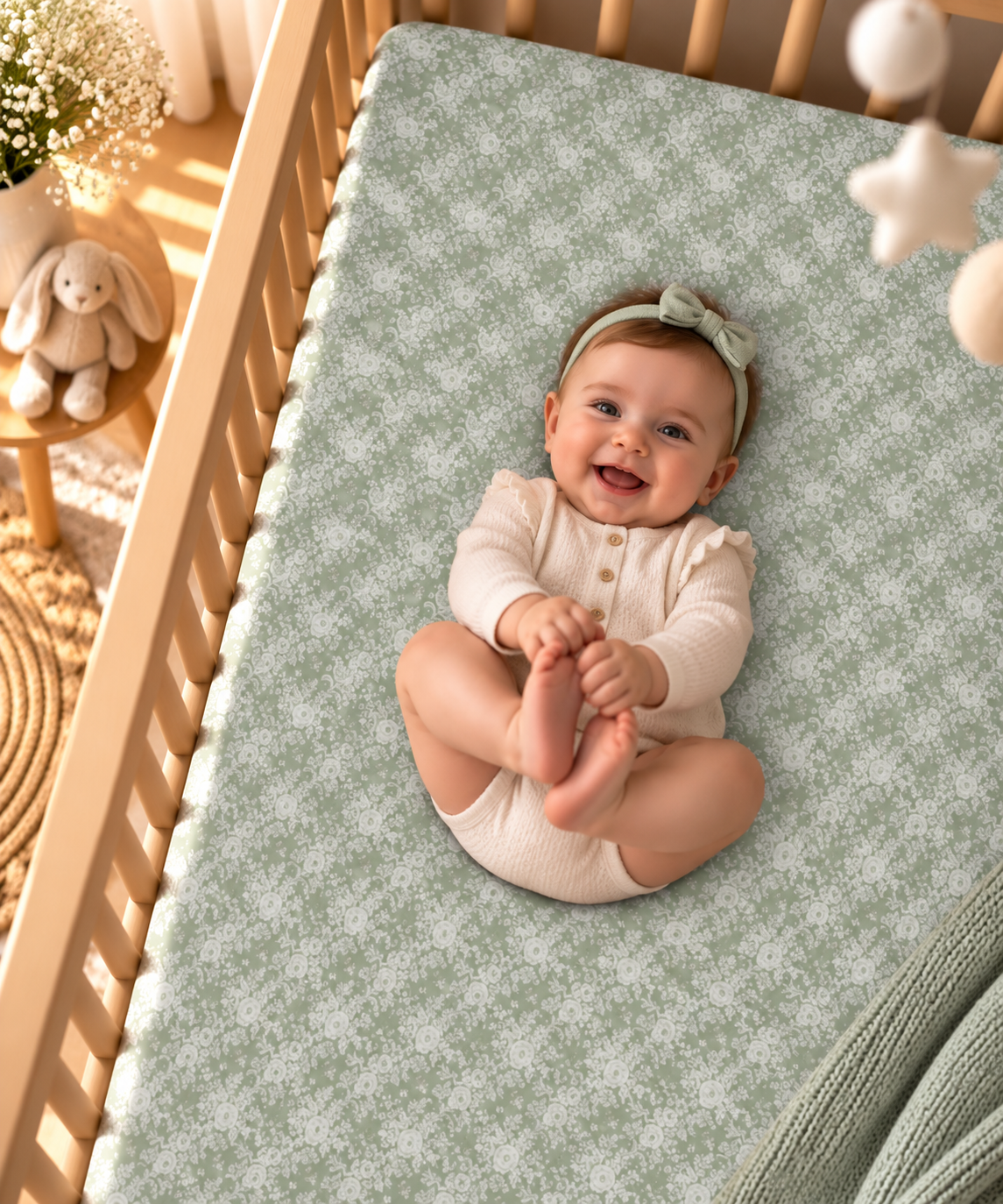 Smiling baby lying on the Sage Lace Floral Crib Sheet